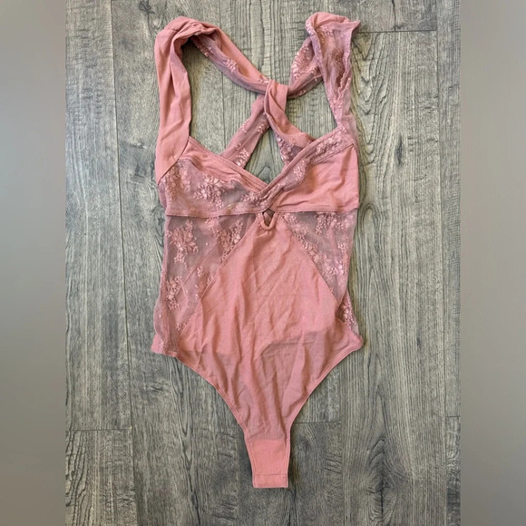 Free People Sheer Things Lace Trim Mesh Bodysuit In Smoke Rose - Picture 5 of 8